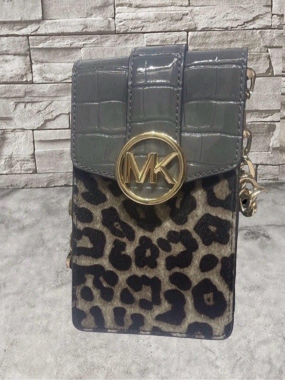 Michael Kors Carmen Phone Crossbody Heather Gray Cheetah Calf Hair Chain Strap